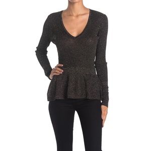 Veronica Beard Esmeralda Metallic Ribbed-Knit Peplum Long Sleeve Sweater Top S